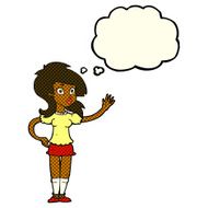 cartoon pretty woman waving for attention with thought bubble N5