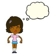 cartoon happy pretty woman with thought bubble N5