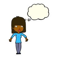 cartoon woman shrugging with thought bubble N28