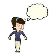 cartoon friendly woman shrugging shoulders with thought bubble N5