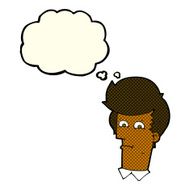 cartoon man narrowing eyes with thought bubble N18
