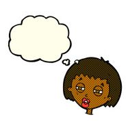 cartoon woman narrowing eyes with thought bubble N5