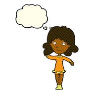 cartoon friendly woman waving with thought bubble N22