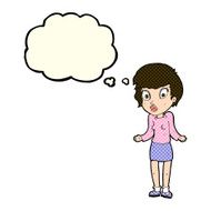 cartoon woman shrugging shoulders with thought bubble N205