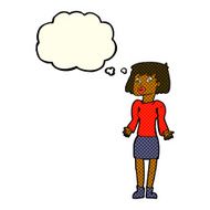 cartoon woman shrugging shoulders with thought bubble N206