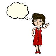 cartoon hippie woman waving with thought bubble N5