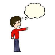 cartoon grinning boy pointing with thought bubble N4