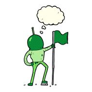 cartoon astronaut planting flag with thought bubble N2