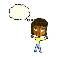 cartoon happy woman waving arms with thought bubble N5