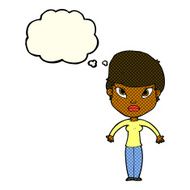 cartoon woman shrugging shoulders with thought bubble N207