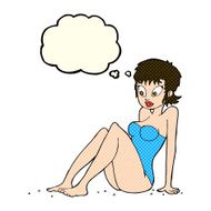 cartoon woman in swimsuit with thought bubble N4