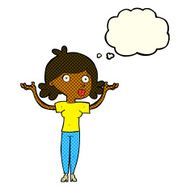 cartoon woman throwing arms in air with thought bubble N5
