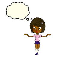 cartoon woman making balancing gesture with thought bubble N5