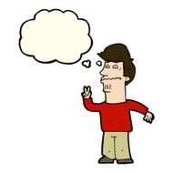 cartoon man giving peace sign with thought bubble N24