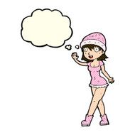 cartoon pretty girl in hat waving with thought bubble N5