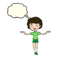 cartoon woman spreading arms with thought bubble N5