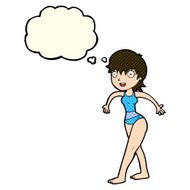 cartoon happy woman in swimming costume with thought bubble N5
