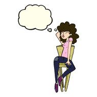 cartoon woman posing on chair with thought bubble N8