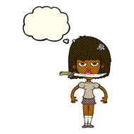cartoon woman with knife between teeth thought bubble N17