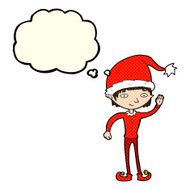 cartoon waving christmas elf with thought bubble N5