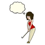 cartoon woman playing golf with thought bubble N9