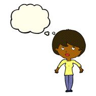 cartoon woman shrugging shoulders with thought bubble N208