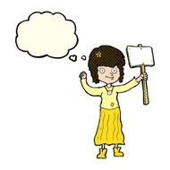 cartoon hippie girl with protest sign thought bubble N5