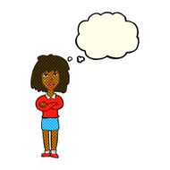 cartoon tough woman with folded arms thought bubble N5