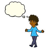 cartoon woman shrugging shoulders with thought bubble N211