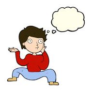 cartoon boy doing crazy dance with thought bubble N5