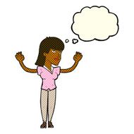 cartoon woman throwing hands in air with thought bubble N5