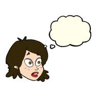 cartoon female face with surprised expression thought bubbl N9