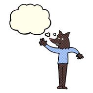 cartoon waving wolf man with thought bubble N3