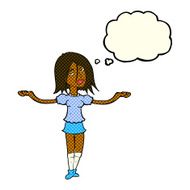cartoon woman shrugging shoulders with thought bubble N213
