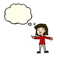 cartoon happy woman pointing with thought bubble N29