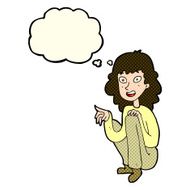 cartoon happy woman sitting and pointing with thought bubble N5
