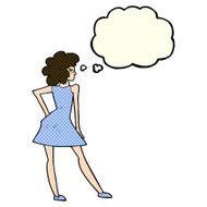 cartoon woman posing in dress with thought bubble N17