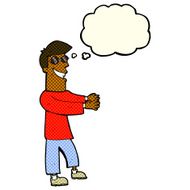cartoon grinning man wearing glasses with thought bubble N5