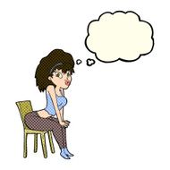 cartoon woman posing on chair with thought bubble N9