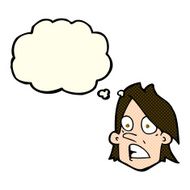 cartoon frightened face with thought bubble N5