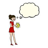 cartoon woman clapping hands with thought bubble N4
