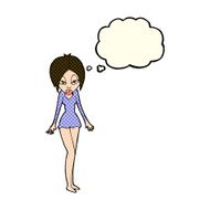 cartoon woman in short dress with thought bubble N5