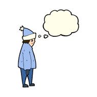 cartoon person in winter clothes with thought bubble N5