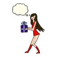 cartoon fashion girl with present thought bubble N4