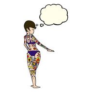 cartoon bikini girl covered in tattoos with thought bubble N5