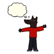 cartoon happy wolf man with thought bubble N7