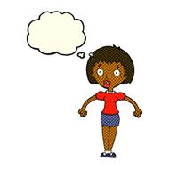cartoon confused woman shrugging shoulders with thought bubble N4