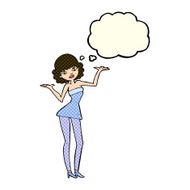 cartoon woman in cocktail dress with thought bubble N9
