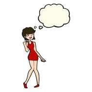 cartoon woman in cocktail dress with thought bubble N10
