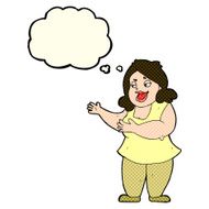 cartoon happy fat woman with thought bubble N3